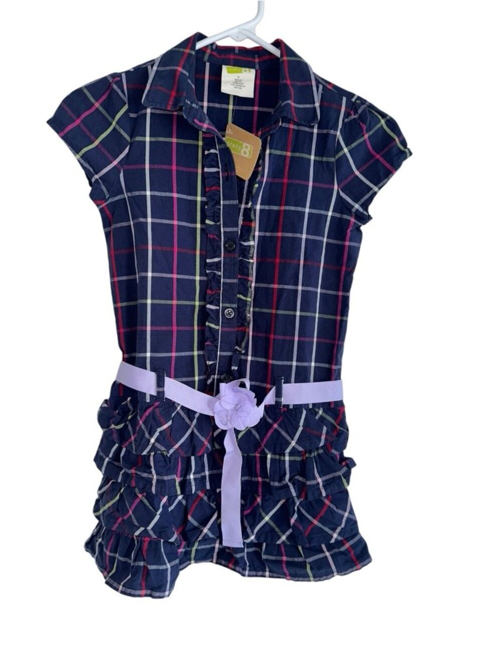 NWT Crazy 8 Girls Pocketful Of Petals Dress Sz 7 Tiered Plaid Ribbon Belt Preppy